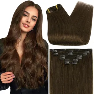 Full Shine 10 Inch Brown Clip in Hair Extensions Human Hair Chestnut Brown Hair Extensions Clip in Brunette Hair Extension Full Head 7 Pcs 95 G