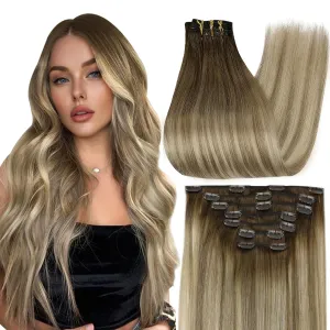 Full Shine Clip in Hair Extensions Balayage Invisible Hair Extensions Human Hair Balayage Medium Brown to Ash Brown Mix Light Blonde Double Weft Human Hair Clip in Extensions 18 Inch 7 Pcs 120 G