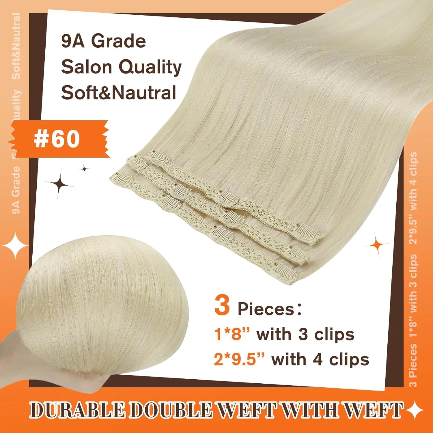 Full Shine Lace Clip in Hair Extensions - Blonde Natural Extensions, Clip ins, Short Hair, Platinum Blonde Human Hair, 10 Inch, 60 Grams, 3Pcs
