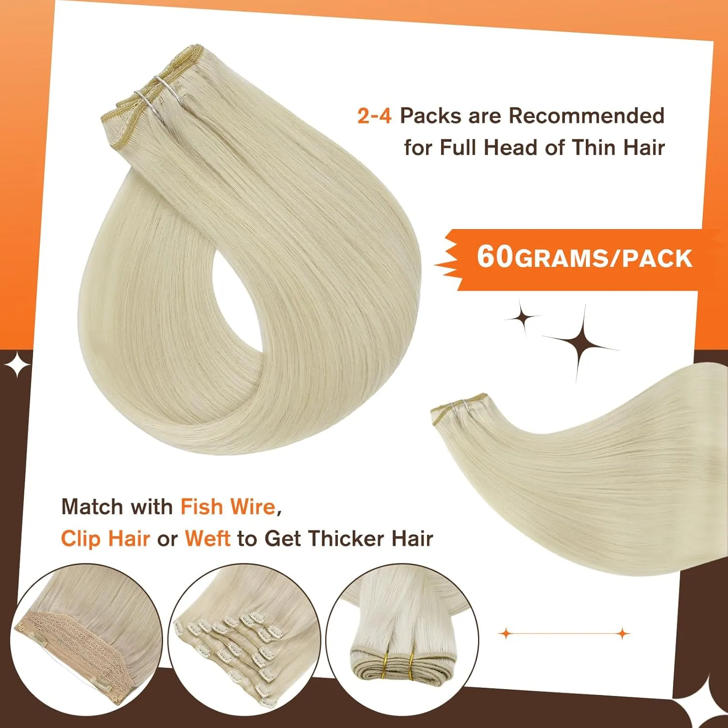 Full Shine Lace Clip in Hair Extensions - Blonde Natural Extensions, Clip ins, Short Hair, Platinum Blonde Human Hair, 10 Inch, 60 Grams, 3Pcs