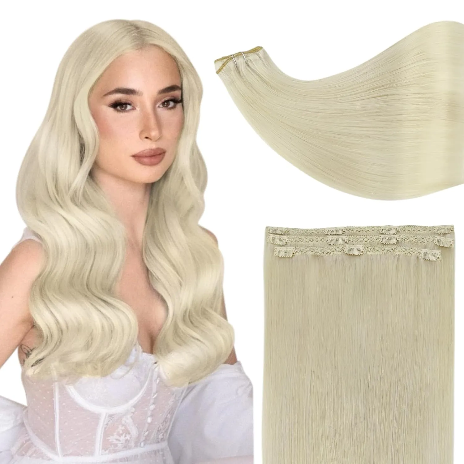 Full Shine Lace Clip in Hair Extensions - Blonde Natural Extensions, Clip ins, Short Hair, Platinum Blonde Human Hair, 10 Inch, 60 Grams, 3Pcs