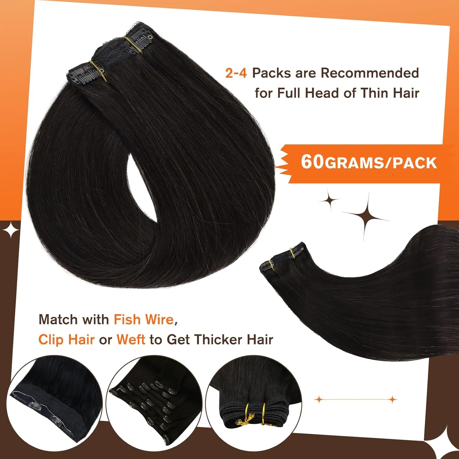 Full Shine Lace Hair Extensions Clip in Human Hair Black Hair Extensions Double Weft Straight Clip in Extensions for Short Hair Natural Hair Black Real Human Hair Clip ins 10 Inch 60Grams 3Pcs