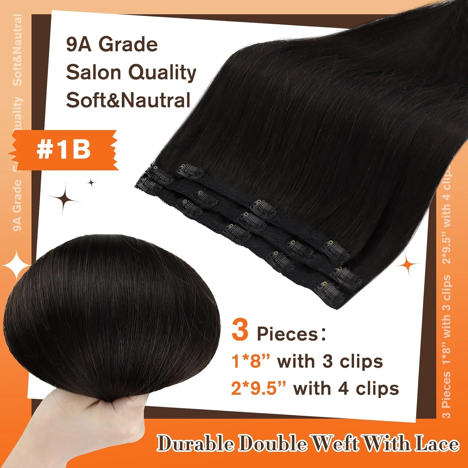 Full Shine Lace Hair Extensions Clip in Human Hair Black Hair Extensions Double Weft Straight Clip in Extensions for Short Hair Natural Hair Black Real Human Hair Clip ins 10 Inch 60Grams 3Pcs