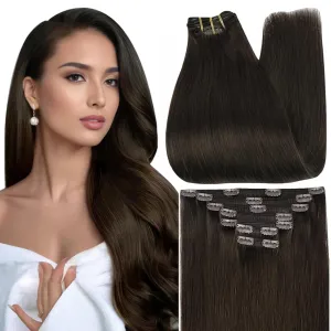 Full Shine Short Brown Hair Extensions Clip in Human Hair Triple Weft Remy Hair Clip in Extensions Invisible Dark Brown Hair Extensions Straight Brazilian Hair 10 Inch 7 Pcs