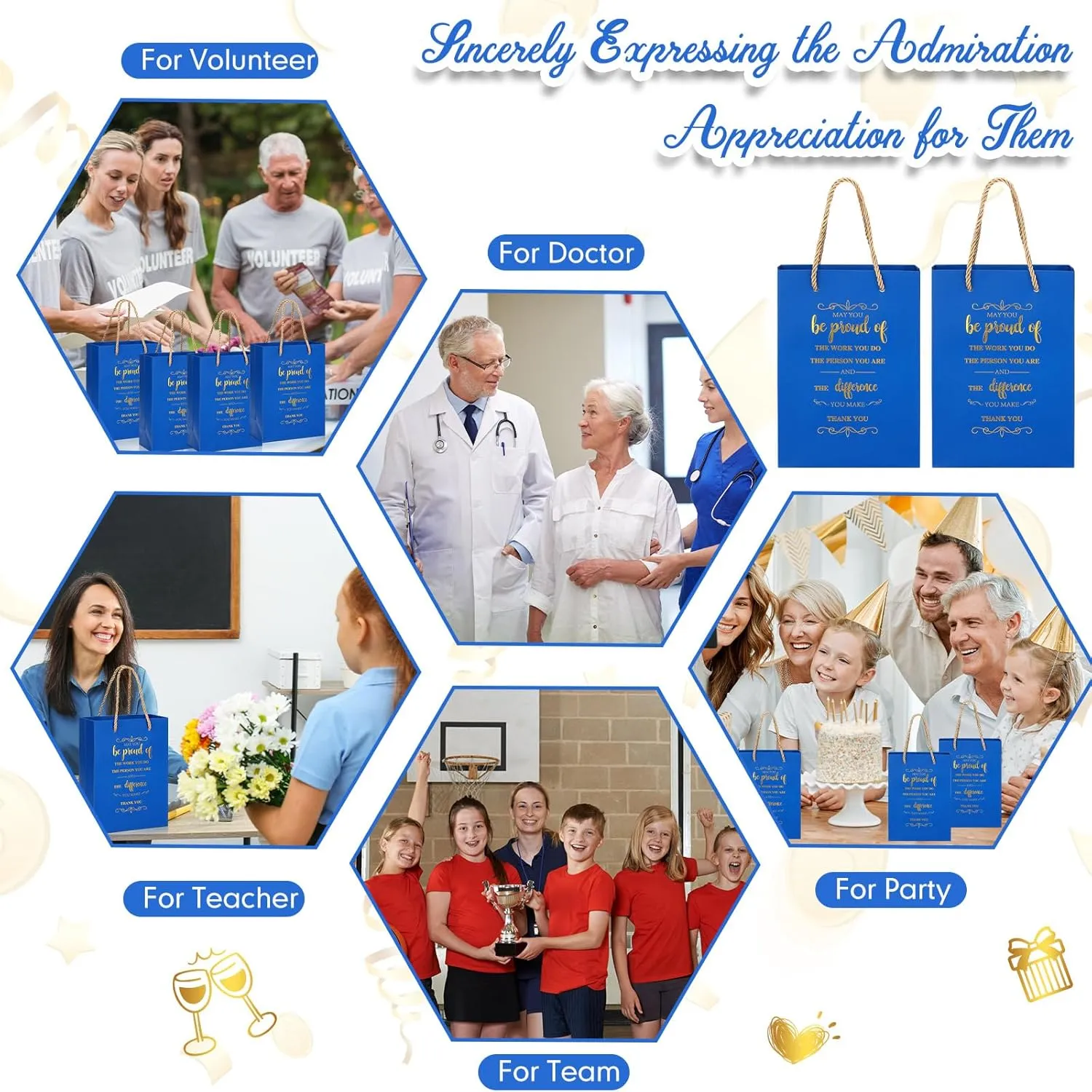 Fulmoon 50Pcs Thank You Gifts Bags Employee Appreciation Pape Bags Bulk 5.9 x 3.1 x 8.3'' Inspirational May You Be Proud Gift sack with Handle for Coworkers Teacher(Blue)