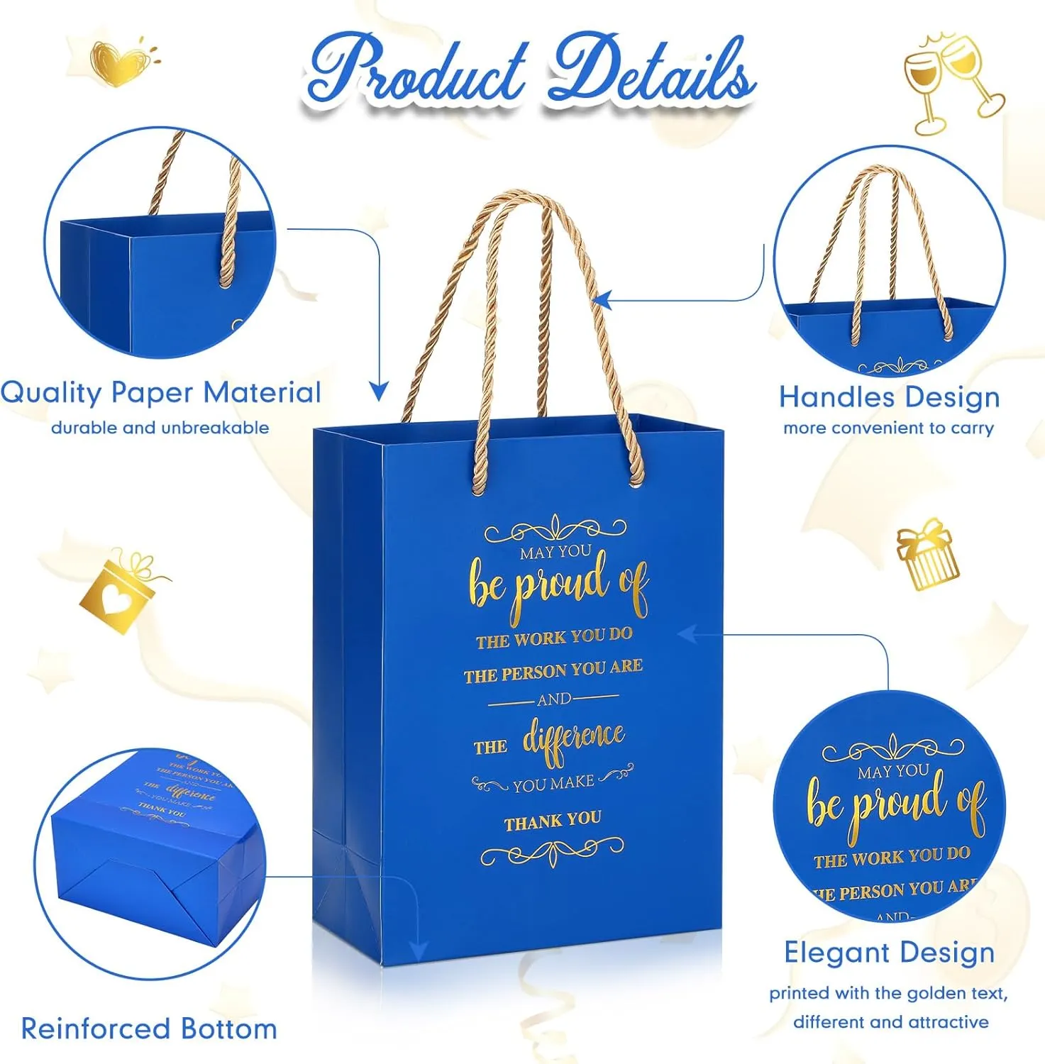 Fulmoon 50Pcs Thank You Gifts Bags Employee Appreciation Pape Bags Bulk 5.9 x 3.1 x 8.3'' Inspirational May You Be Proud Gift sack with Handle for Coworkers Teacher(Blue)