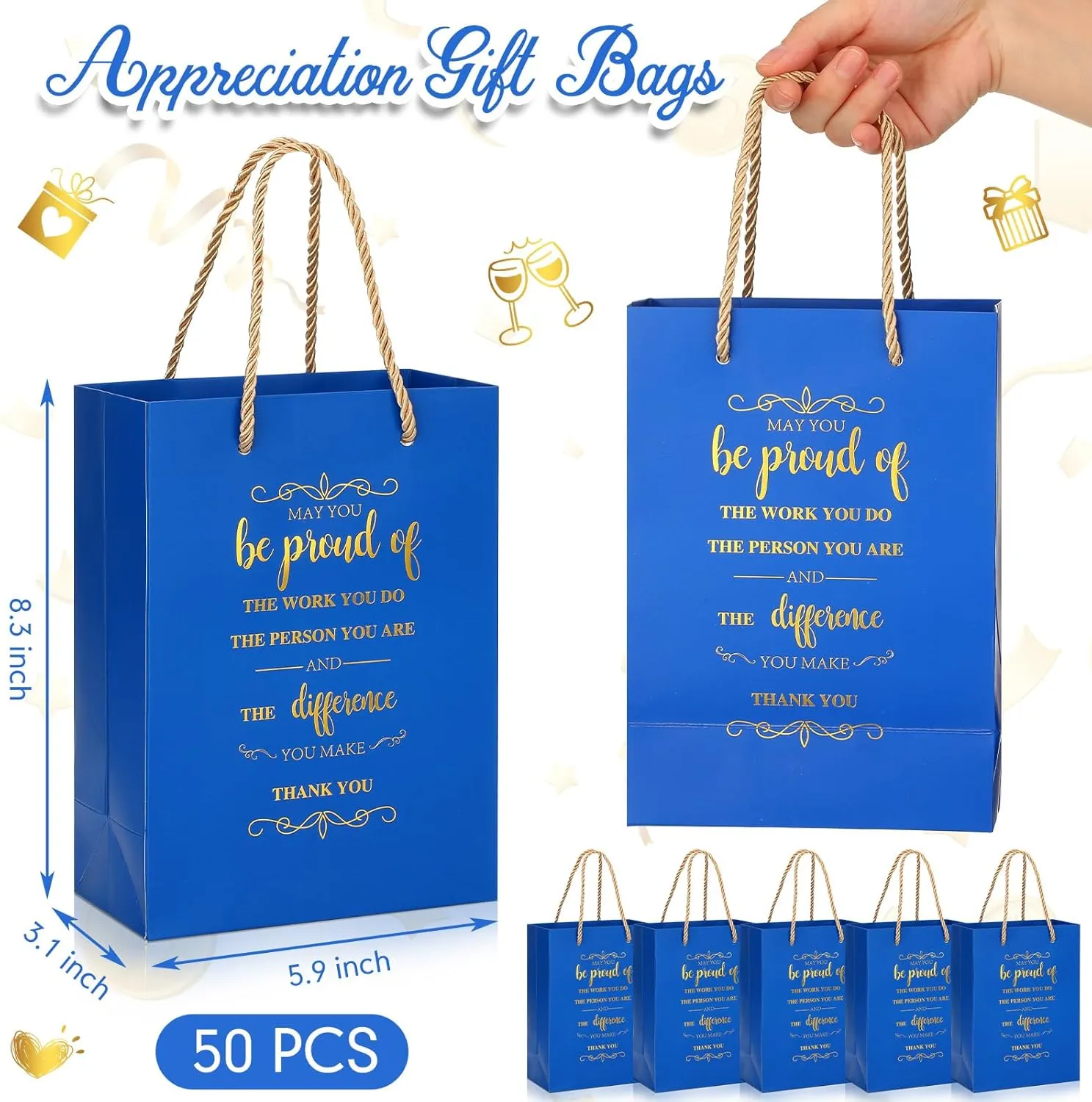 Fulmoon 50Pcs Thank You Gifts Bags Employee Appreciation Pape Bags Bulk 5.9 x 3.1 x 8.3'' Inspirational May You Be Proud Gift sack with Handle for Coworkers Teacher(Blue)