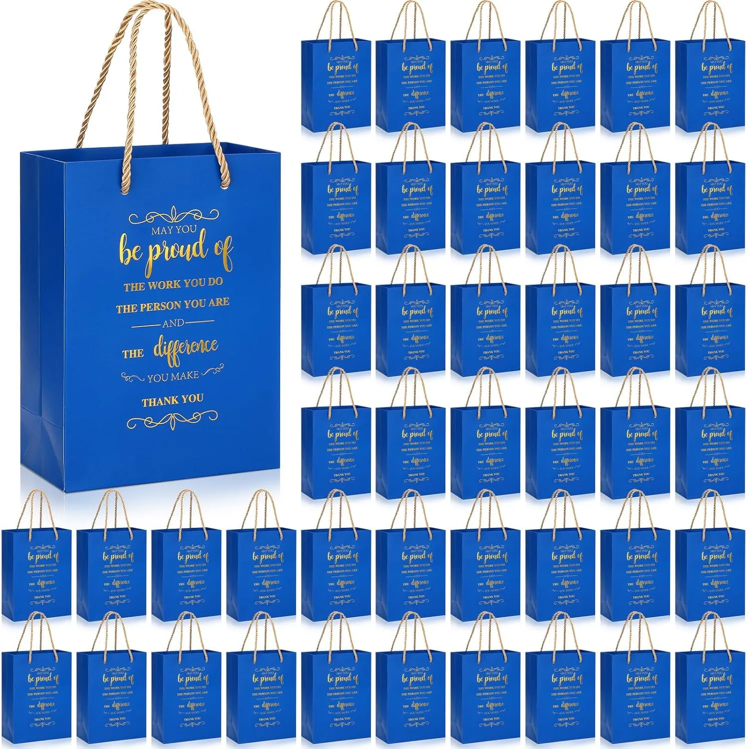 Fulmoon 50Pcs Thank You Gifts Bags Employee Appreciation Pape Bags Bulk 5.9 x 3.1 x 8.3'' Inspirational May You Be Proud Gift sack with Handle for Coworkers Teacher(Blue)