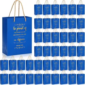 Fulmoon 50Pcs Thank You Gifts Bags Employee Appreciation Pape Bags Bulk 5.9 x 3.1 x 8.3'' Inspirational May You Be Proud Gift sack with Handle for Coworkers Teacher(Blue)
