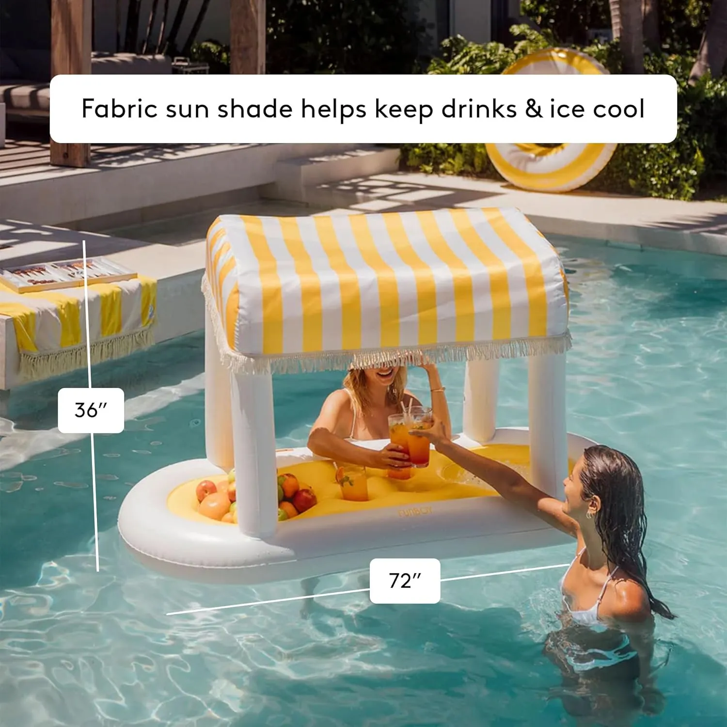 FUNBOY Giant Floating Cabana Stripe Drink Station, Removable Fabric Shade with Fringe, Perfect for Parties, Table-Top Decorations and in-Pool Refreshments.