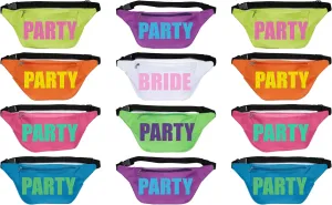 Funky Junque Bride & Squad Neon Fanny Pack Set | Waterproof Belt Bags for Bachelorette Party, Final Fiesta, 90s Theme, or Last Rodeo - 12 Pack - Bride & Party