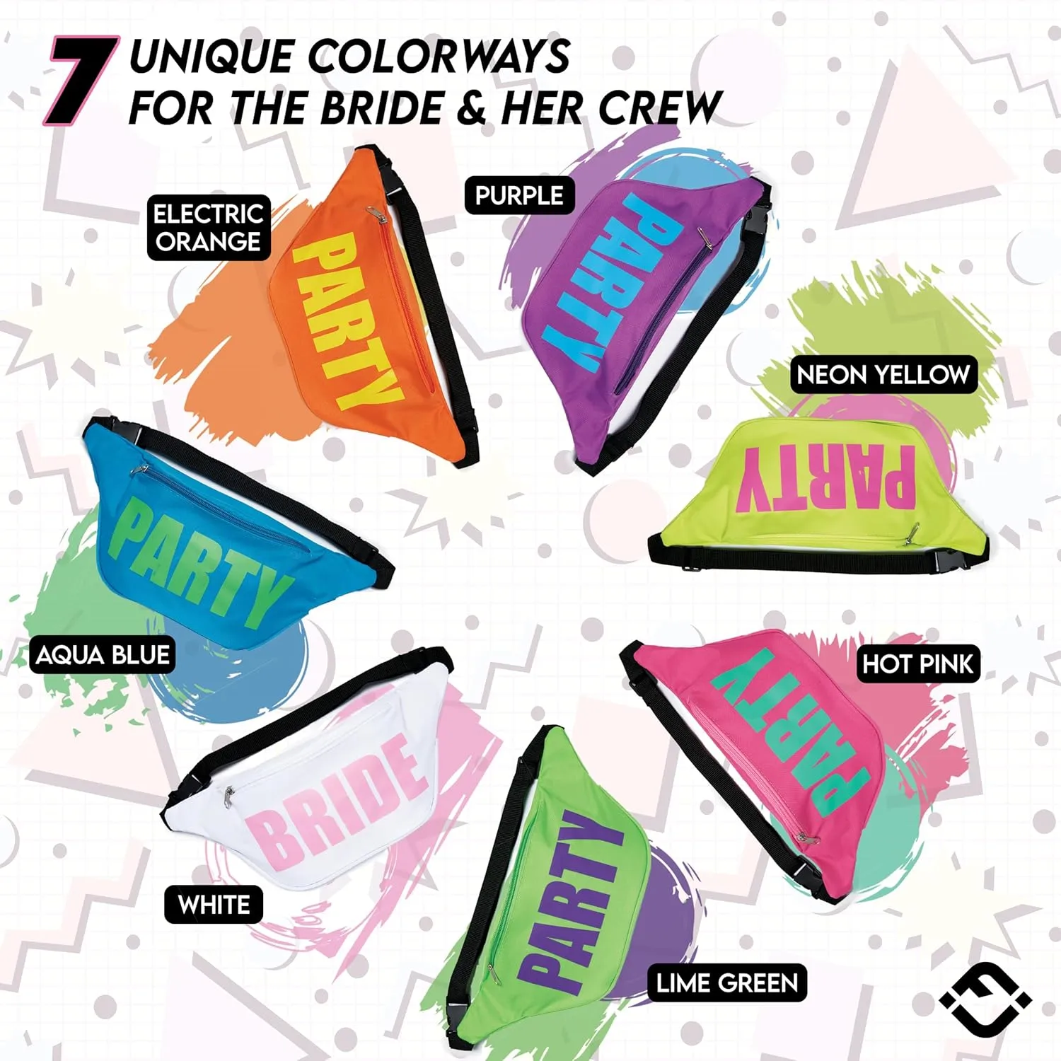 Funky Junque Bride & Squad Neon Fanny Pack Set | Waterproof Belt Bags for Bachelorette Party, Final Fiesta, 90s Theme, or Last Rodeo - 12 Pack - Bride & Party
