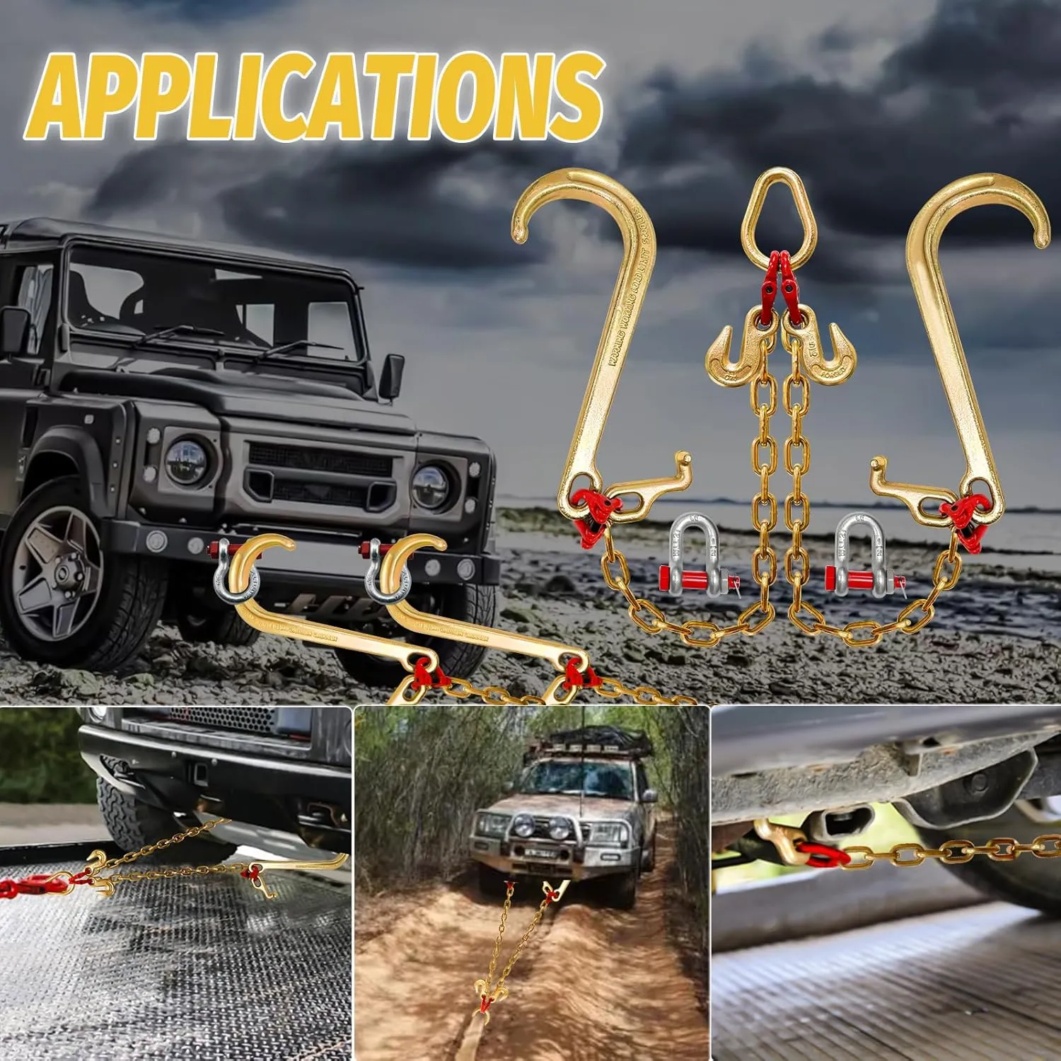 G80 V Bridle Chain,5/16 in × 2 Ft Towing Chains Bridle with 5400 Lbs Working Load Limit,Transport Chain Extension with 15" J Hooks and Grab Hooks,Car Hauler Trailer Accessories for Rollback
