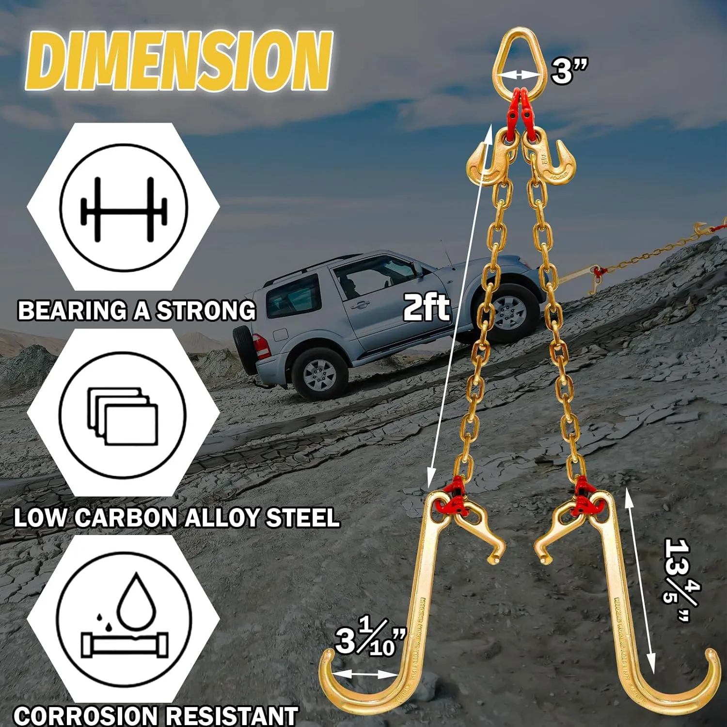 G80 V Bridle Chain,5/16 in × 2 Ft Towing Chains Bridle with 5400 Lbs Working Load Limit,Transport Chain Extension with 15" J Hooks and Grab Hooks,Car Hauler Trailer Accessories for Rollback
