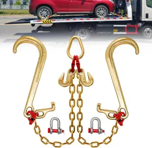 G80 V Bridle Chain,5/16 in × 2 Ft Towing Chains Bridle with 5400 Lbs Working Load Limit,Transport Chain Extension with 15" J Hooks and Grab Hooks,Car Hauler Trailer Accessories for Rollback