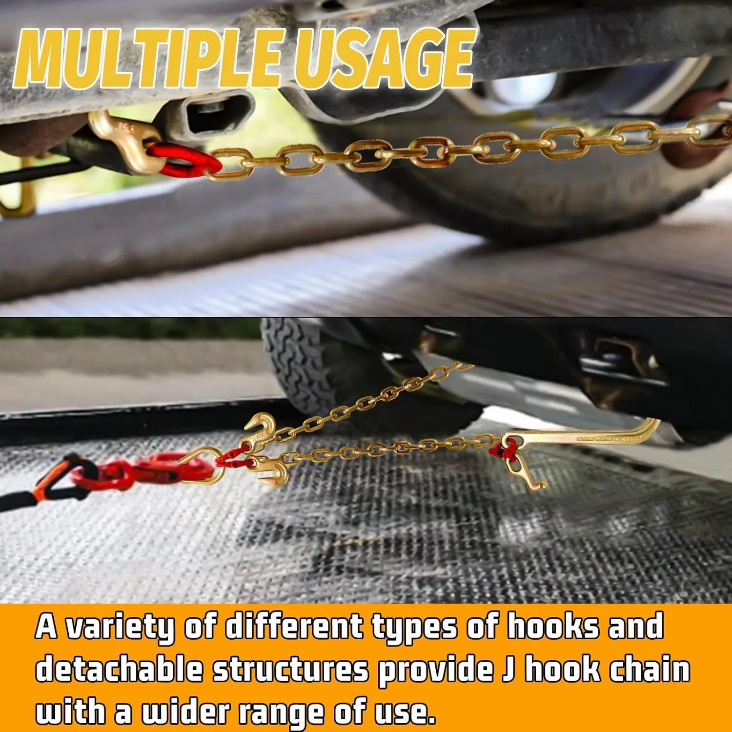 G80 V Bridle Chain,5/16 in × 2 Ft Towing Chains Bridle with 5400 Lbs Working Load Limit,Transport Chain Extension with 15" J Hooks and Grab Hooks,Car Hauler Trailer Accessories for Rollback