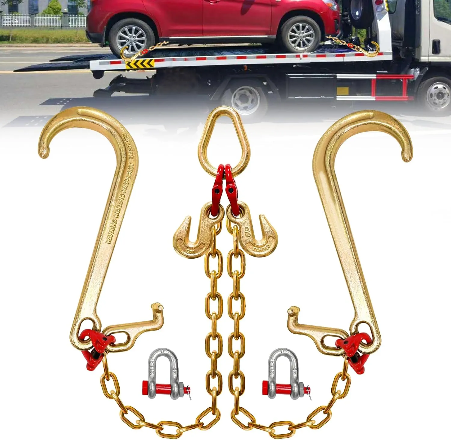 G80 V Bridle Chain,5/16 in × 2 Ft Towing Chains Bridle with 5400 Lbs Working Load Limit,Transport Chain Extension with 15" J Hooks and Grab Hooks,Car Hauler Trailer Accessories for Rollback