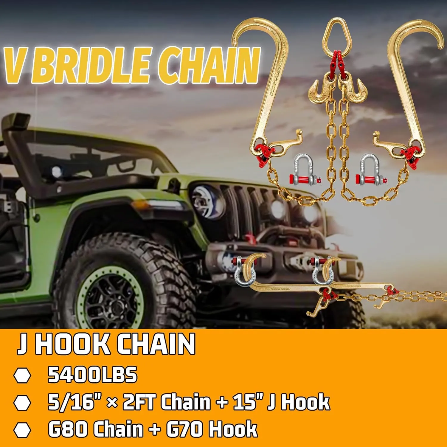 G80 V Bridle Chain,5/16 in × 2 Ft Towing Chains Bridle with 5400 Lbs Working Load Limit,Transport Chain Extension with 15" J Hooks and Grab Hooks,Car Hauler Trailer Accessories for Rollback