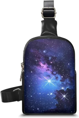 Galaxy Nebula Crossbody Bags for Women Sling Bag Fanny Packs, Space Starry Blue PU Leather Mini Messenger Bags Purse Backpack Travel Anti Theft