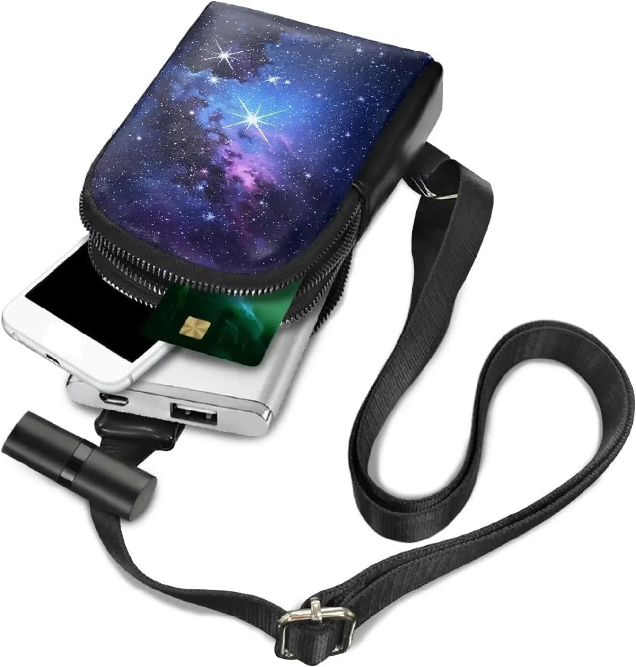 Galaxy Nebula Crossbody Bags for Women Sling Bag Fanny Packs, Space Starry Blue PU Leather Mini Messenger Bags Purse Backpack Travel Anti Theft
