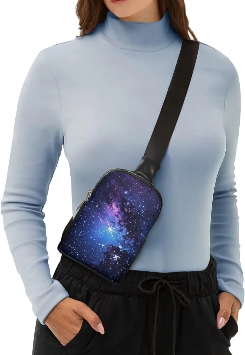 Galaxy Nebula Crossbody Bags for Women Sling Bag Fanny Packs, Space Starry Blue PU Leather Mini Messenger Bags Purse Backpack Travel Anti Theft