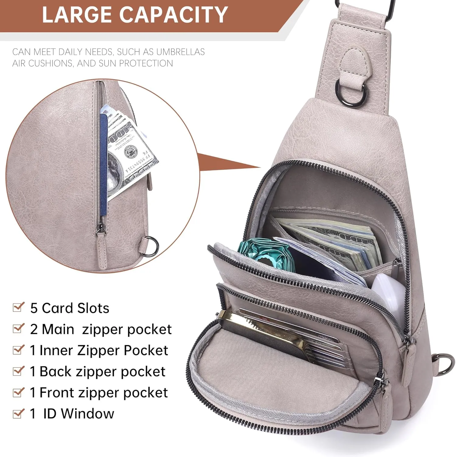GEEAD Crossbody Sling Bags for Women Vegan Leather Fanny Pack Shoulder Bag Chest Bag Sling Backpack Small Travel Bag