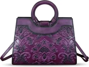 Genuine Leather Purses and Handbags for Women Vintage Embossed Leather Top Handle Satchel Bags Crossbody Shoulder Bag Strap