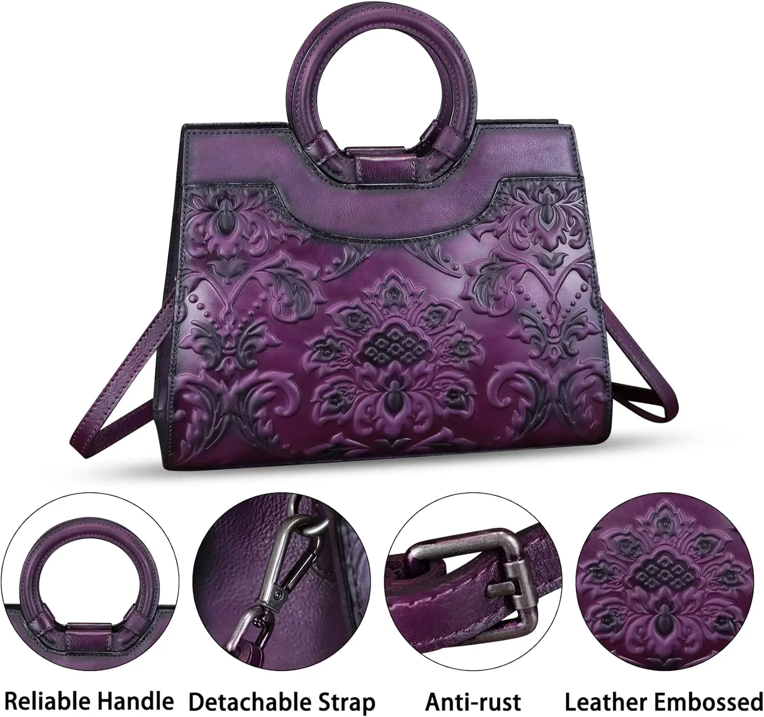 Genuine Leather Purses and Handbags for Women Vintage Embossed Leather Top Handle Satchel Bags Crossbody Shoulder Bag Strap