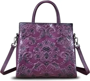 Genuine Leather Satchel for Women Top Handle Handbag Handmade Embossed Vintage Satchel Crossbody Handbags Purse Bag