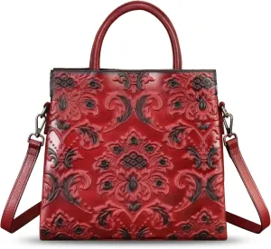 Genuine Leather Satchel for Women Top Handle Handbag Handmade Embossed Vintage Satchel Crossbody Handbags Purse Bag