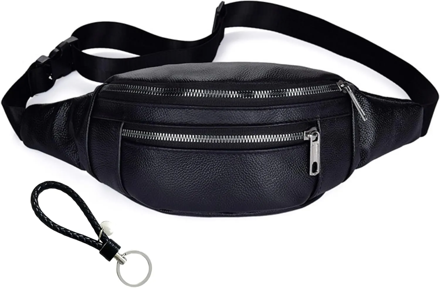 Genuine Leather Vintage Travel Fanny Pack Zipper Pockets with Key Ring Strap, Adjustable Strap Sling Bags Crossbody Daypack, Cowhide Leather Waist Backpack (Black)