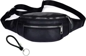 Genuine Leather Vintage Travel Fanny Pack Zipper Pockets with Key Ring Strap, Adjustable Strap Sling Bags Crossbody Daypack, Cowhide Leather Waist Backpack (Black)