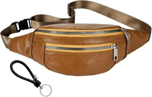 Genuine Leather Vintage Travel Fanny Pack Zipper Pockets with Key Ring Strap, Adjustable Strap Sling Bags Crossbody Daypack, Cowhide Leather Waist Backpack (Khaki)
