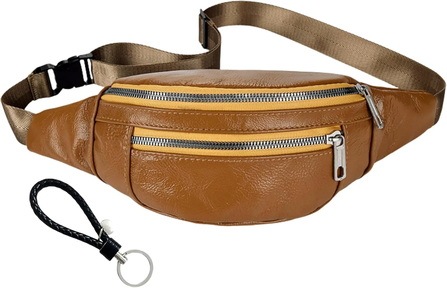 Genuine Leather Vintage Travel Fanny Pack Zipper Pockets with Key Ring Strap, Adjustable Strap Sling Bags Crossbody Daypack, Cowhide Leather Waist Backpack (Khaki)