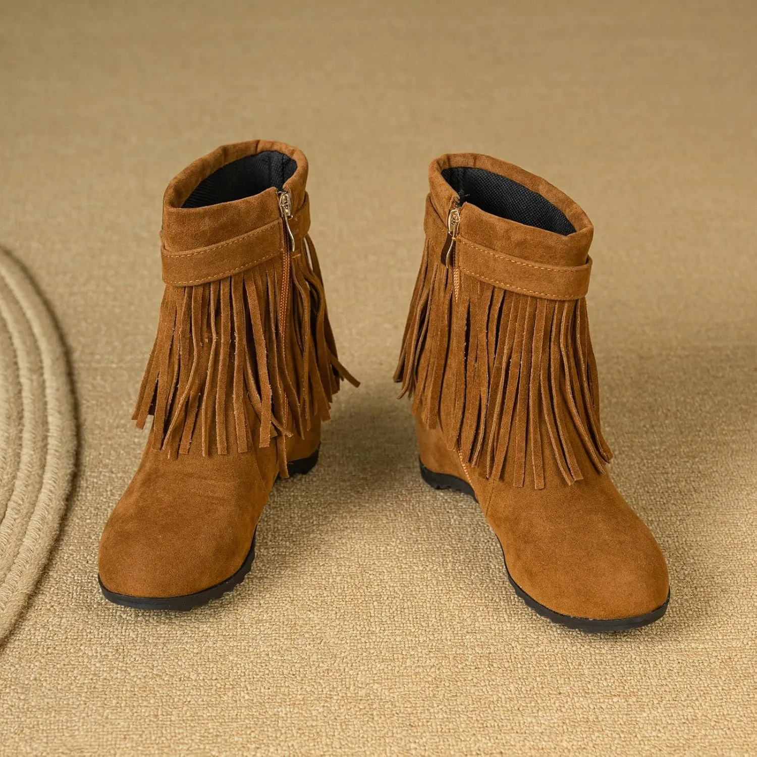 Gicoiz Women Round Toe Fringe Winter Wedge Ankle Boots