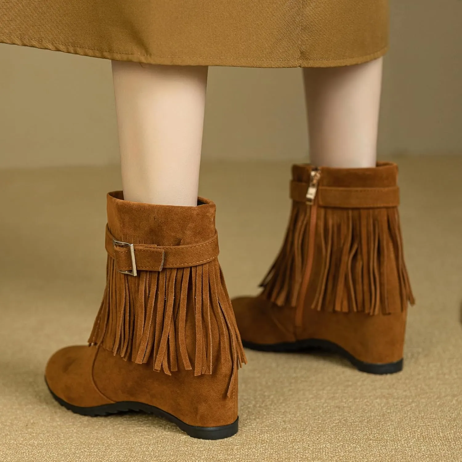 Gicoiz Women Round Toe Fringe Winter Wedge Ankle Boots