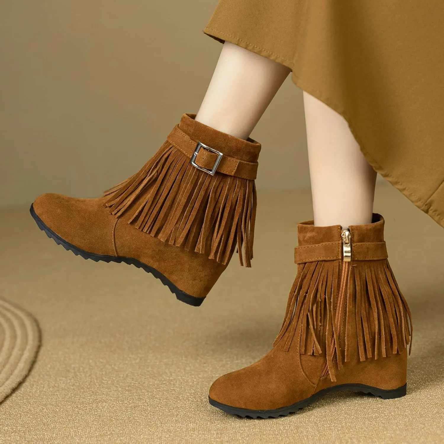 Gicoiz Women Round Toe Fringe Winter Wedge Ankle Boots