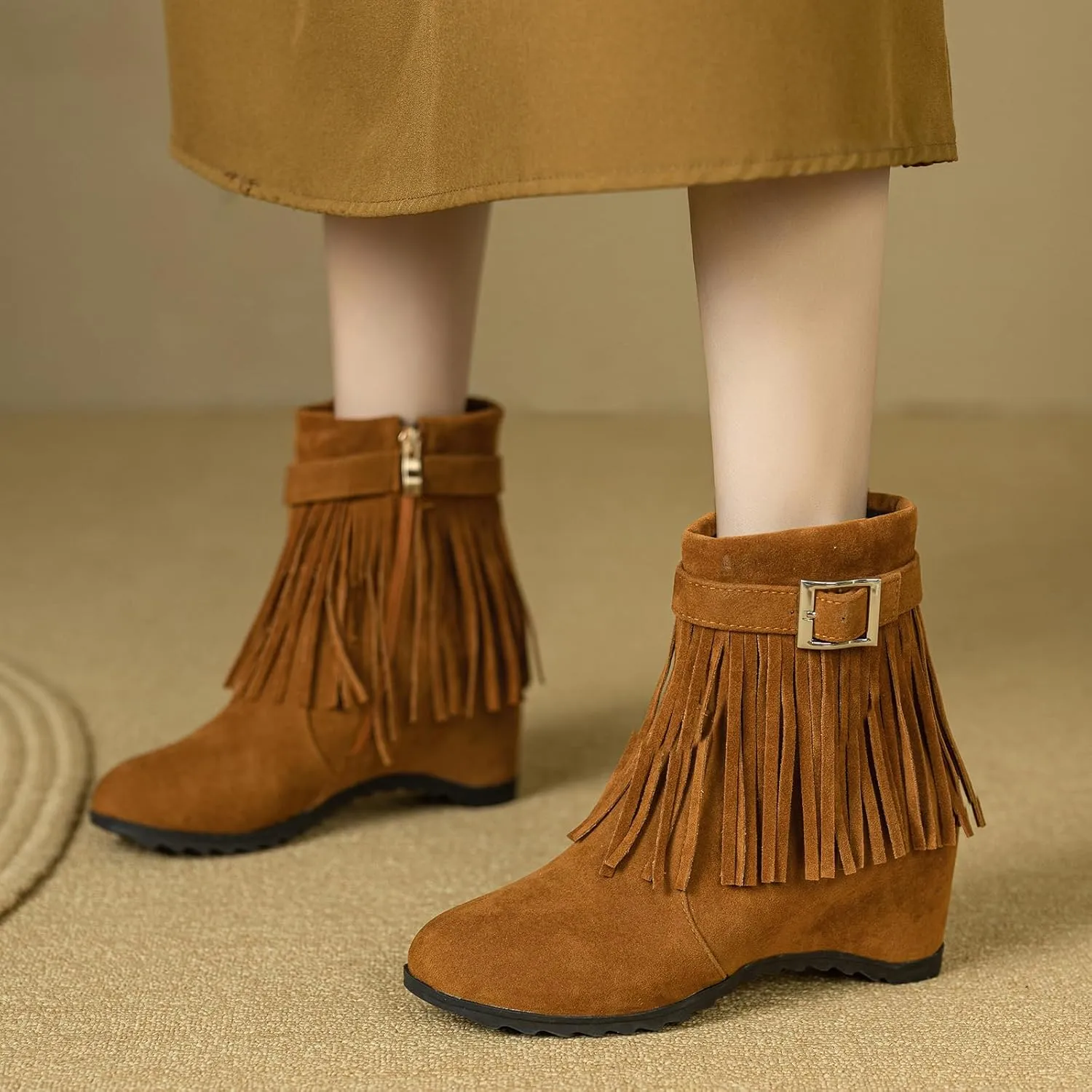 Gicoiz Women Round Toe Fringe Winter Wedge Ankle Boots
