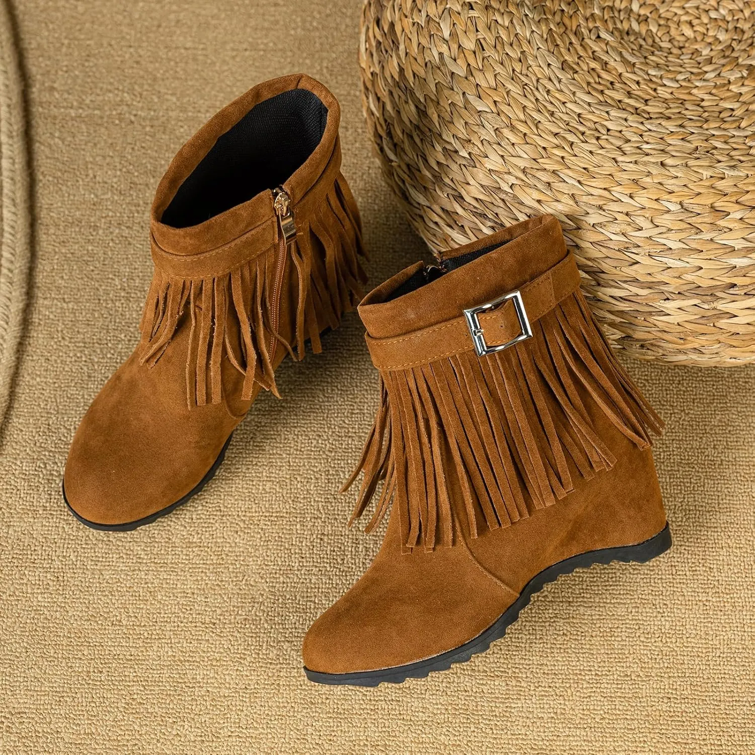 Gicoiz Women Round Toe Fringe Winter Wedge Ankle Boots