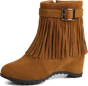 Gicoiz Women Round Toe Fringe Winter Wedge Ankle Boots