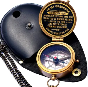 Gift for Grandson Brass Compass Engraved Quote | Memory Present to My Grandson Birthday, Baptism, Graduation, Confirmation, Love, Gift idea by Grandpa Grandma (Grandson - Always Here for You)