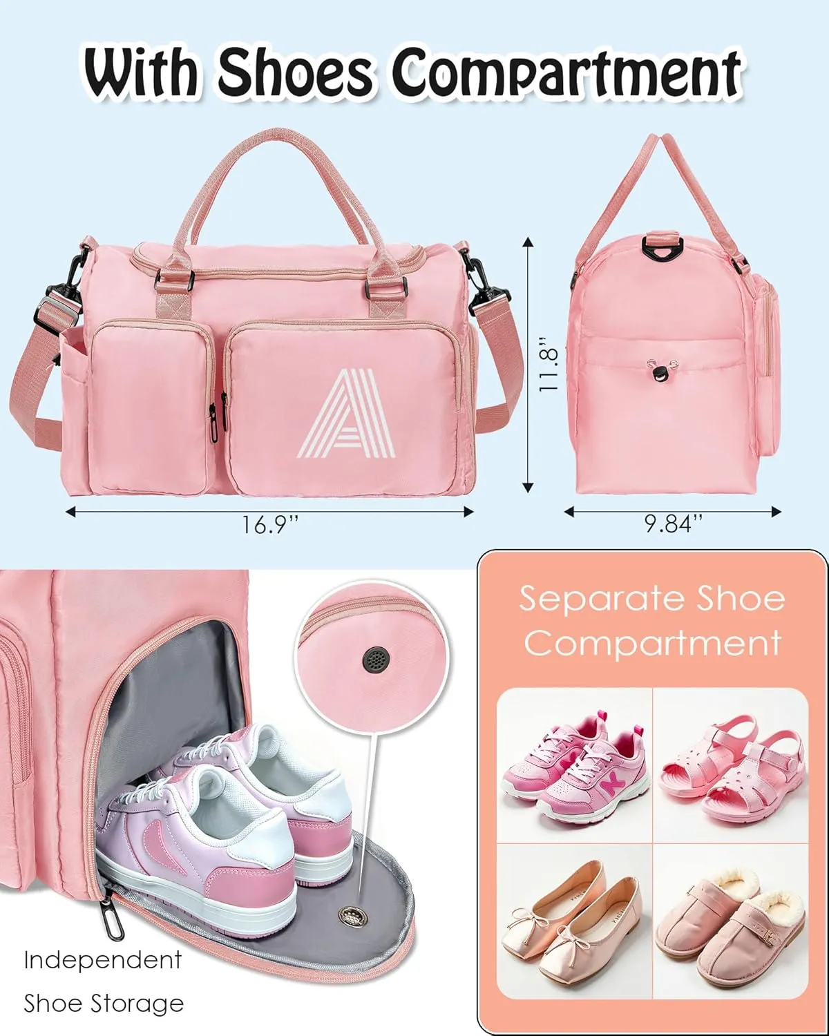 Gift for Teen Girl, Initial Gym Bag for Girls, Kids Travel Duffel Bag, Sports Bag, Personalized Weekender Bag with Shoes Compartment, wedding gifts for couples 2025, bridal shower Gifts