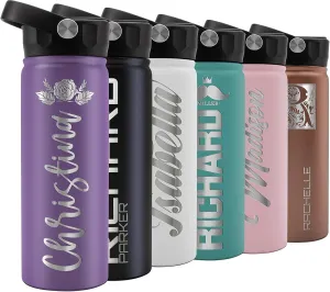 GIFTBYGIFTY Personalized Water Bottle w Straw Lid & Handle | 18 oz - Purple, 12 Design Option | Custom Engraved Insulated Sports Water Bottle w Name, Text | BPA Free | Personalized Gifts