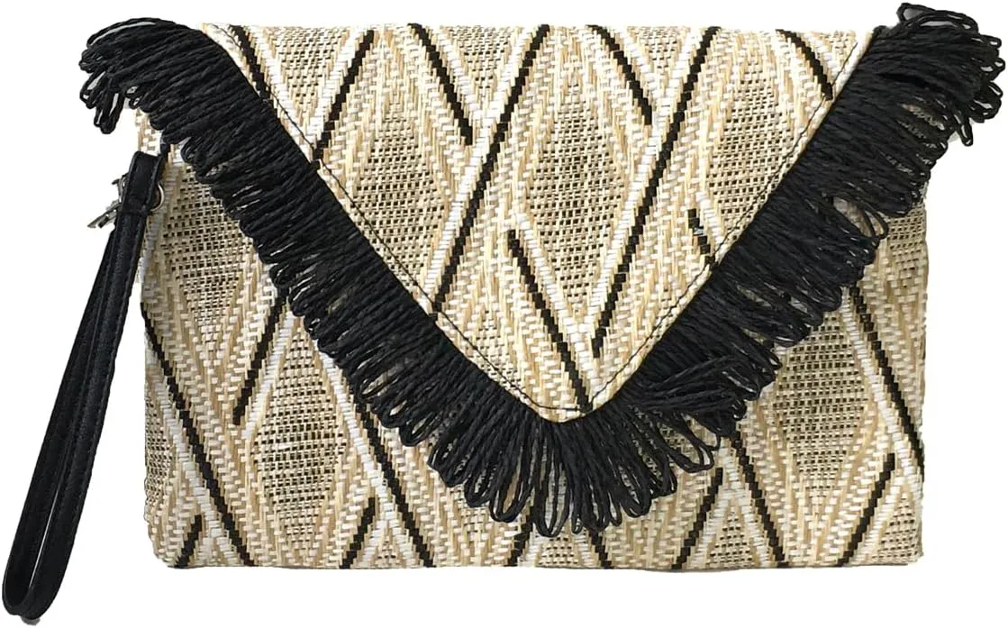 GiGi Geo Print Straw Wristlet Clutch Fringe Detail, Natural Black