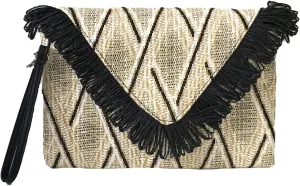 GiGi Geo Print Straw Wristlet Clutch Fringe Detail, Natural Black