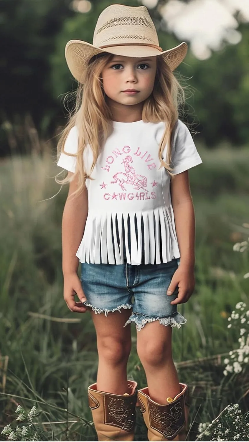 Girls Western Shirt Cowgirls Embroidered Country Concert T Shirt Graphic Horseback Rider Tassel Fringe Tee Tops