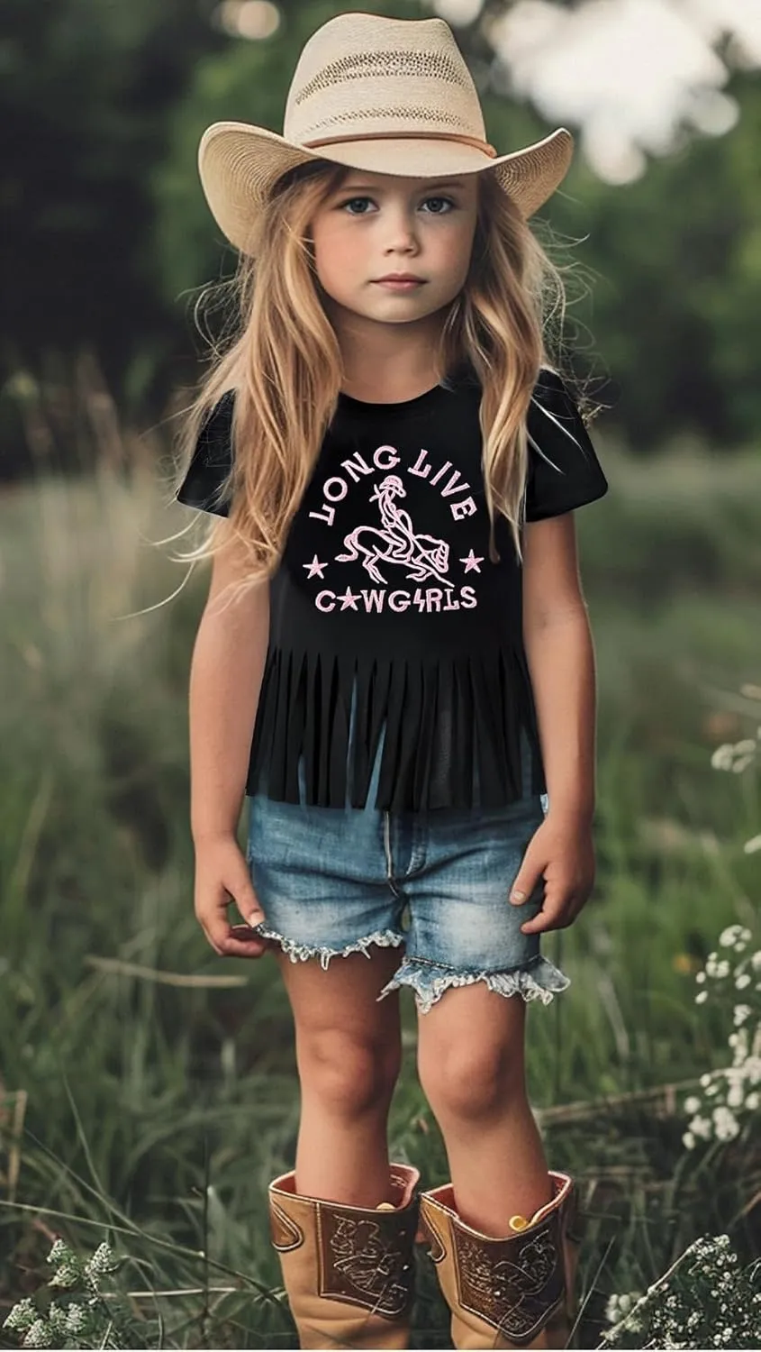 Girls Western Shirt Cowgirls Embroidered Country Concert T Shirt Graphic Horseback Rider Tassel Fringe Tee Tops