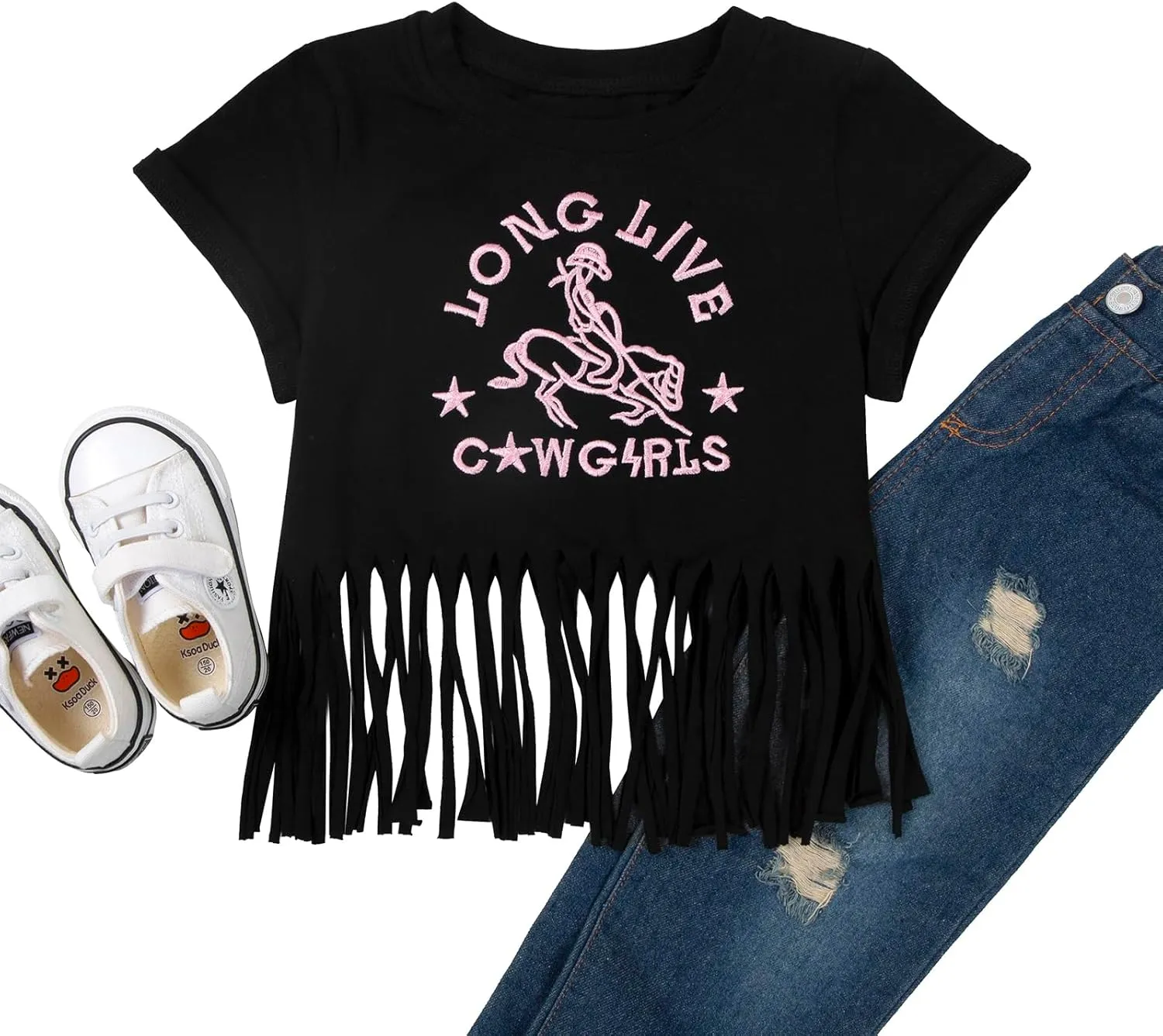 Girls Western Shirt Cowgirls Embroidered Country Concert T Shirt Graphic Horseback Rider Tassel Fringe Tee Tops