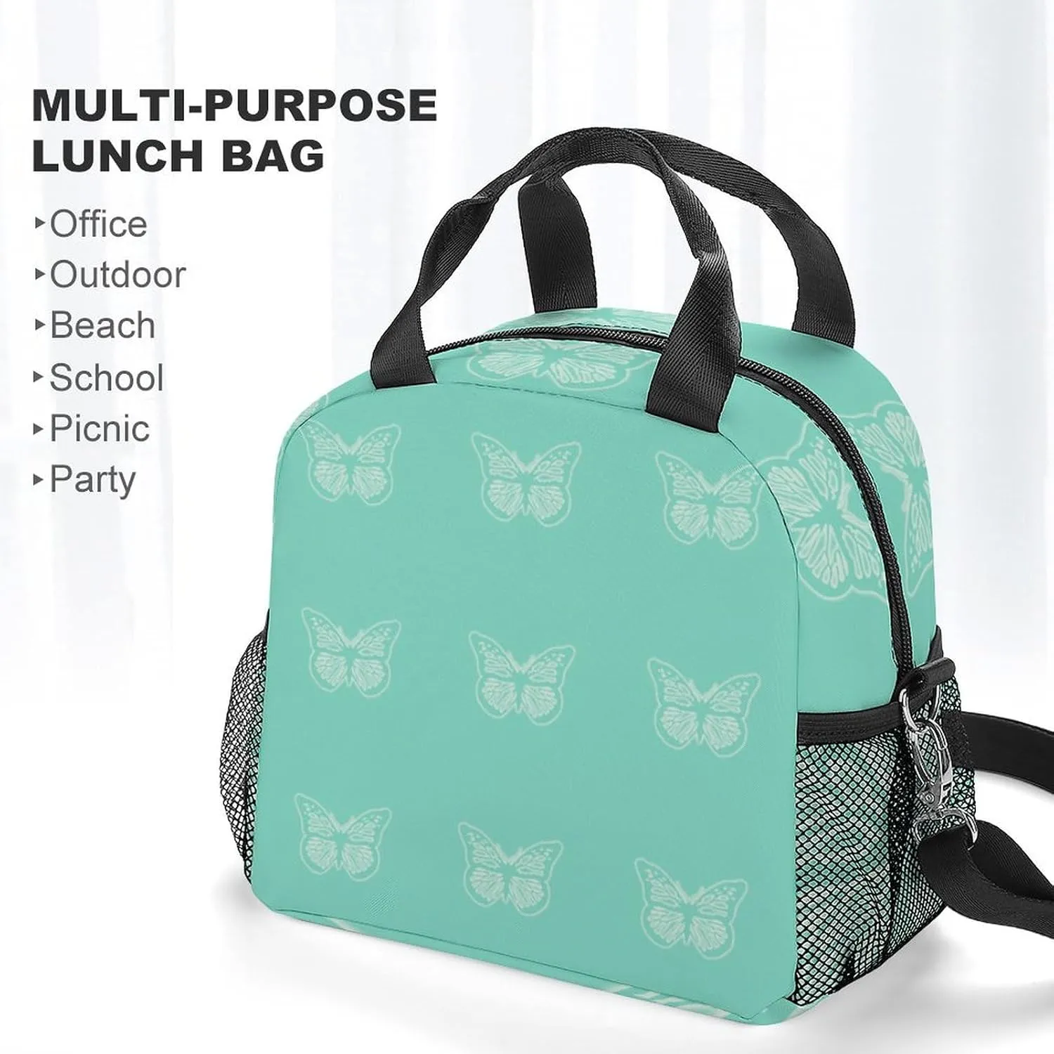 Glowing Butterfly Mint Greenm Adjustable Shoulder Strap Insulated And Leak Proof Premium Lunch Bag Unisex