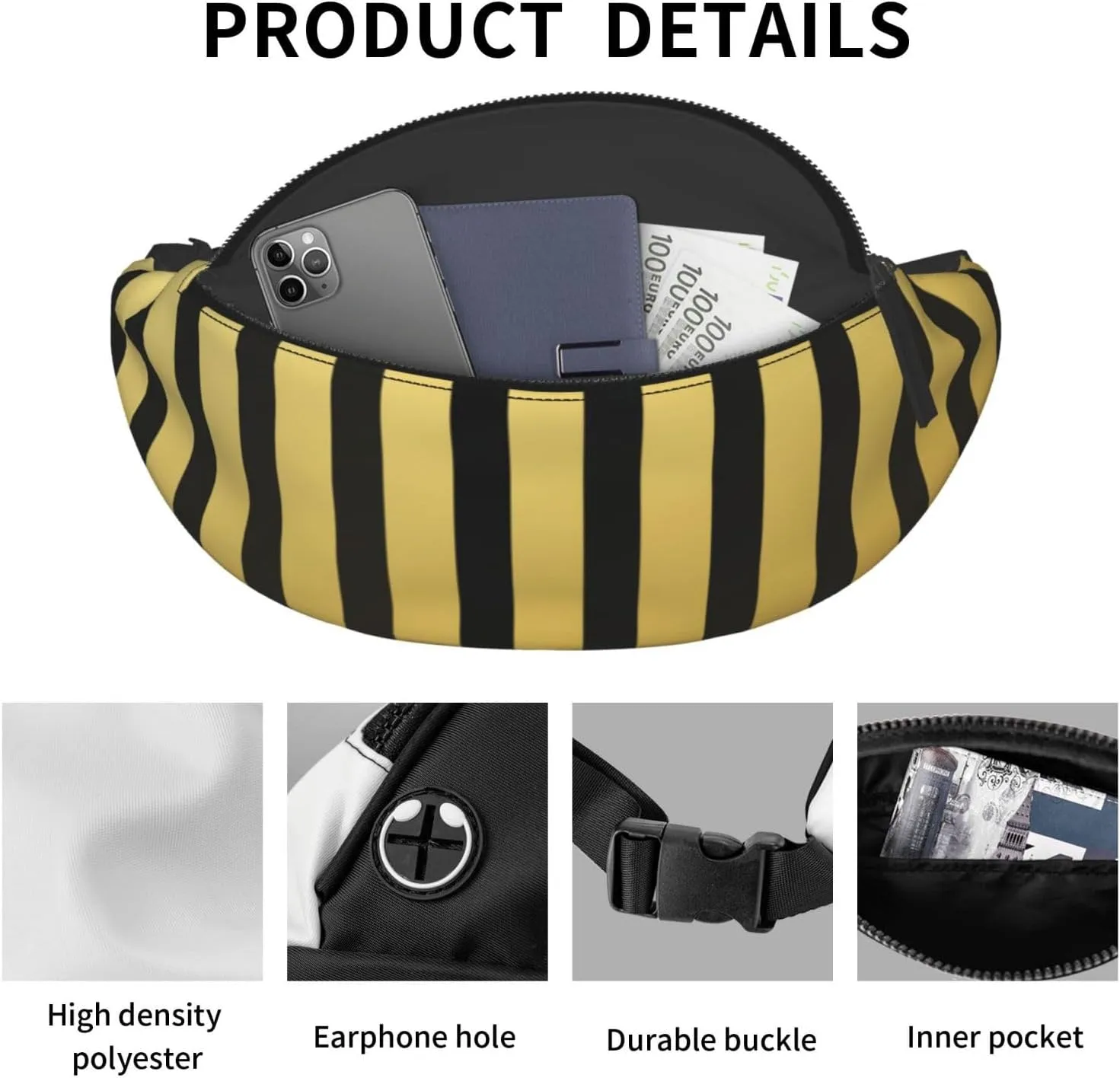 Gold Black Line Fanny Pack, Crossbody Waist Packs for Women Men Waist Bags with Adjustable Strap for Travel Running Hiking Sport